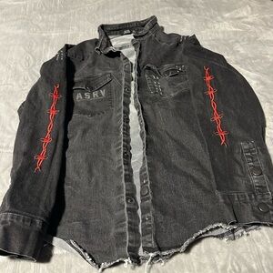 ASRV Black Denim Jacket with Red Barbed Embroidery